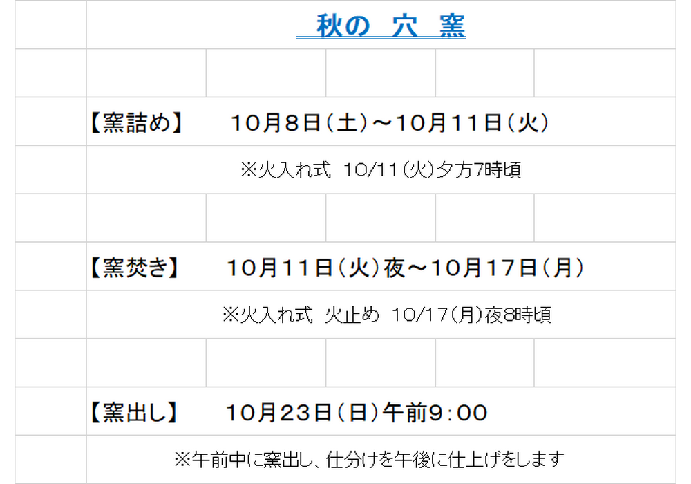 秋の穴窯日程